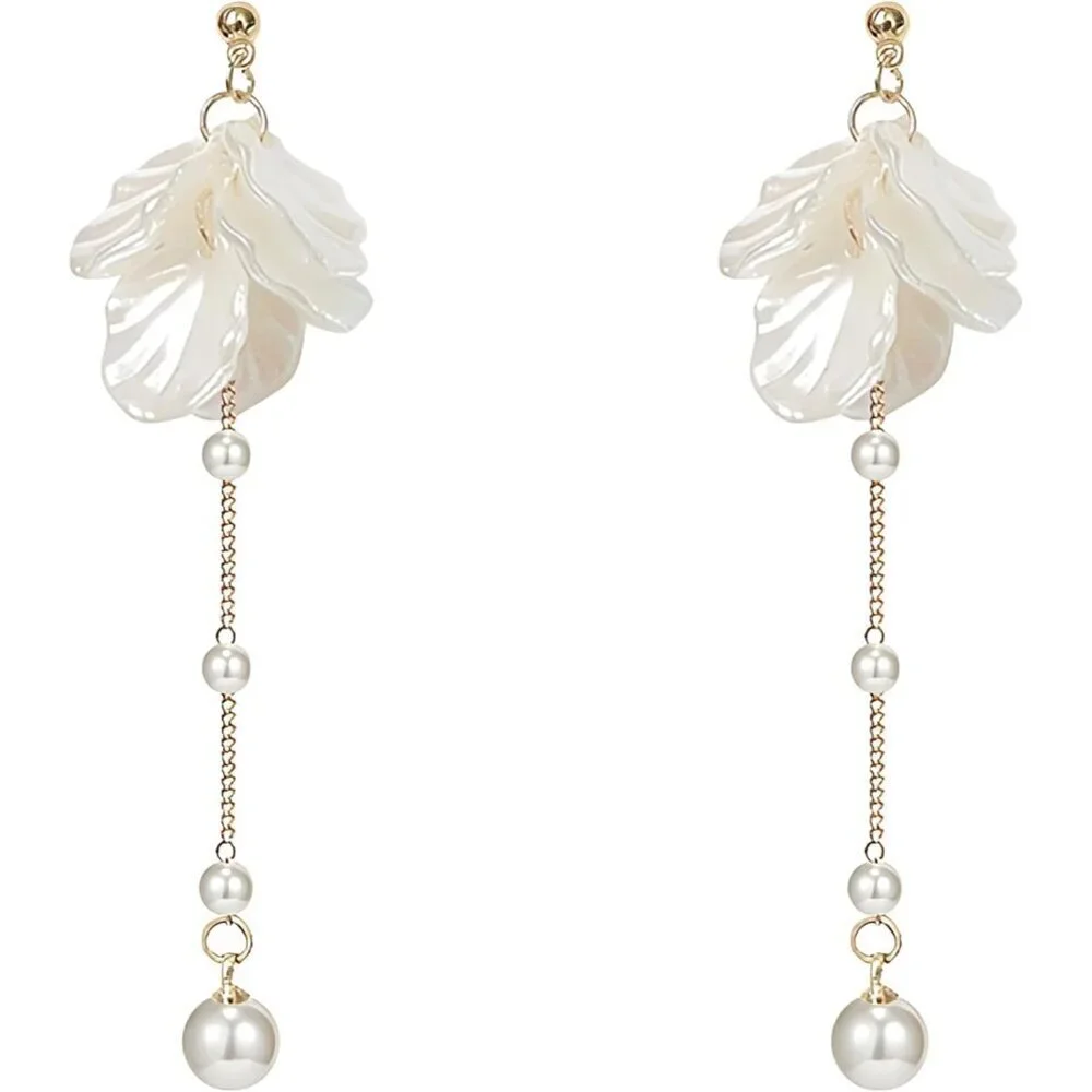 Pearl Flower Dangle Earrings Faux Pearls Beach Wedding Drop Jewelry